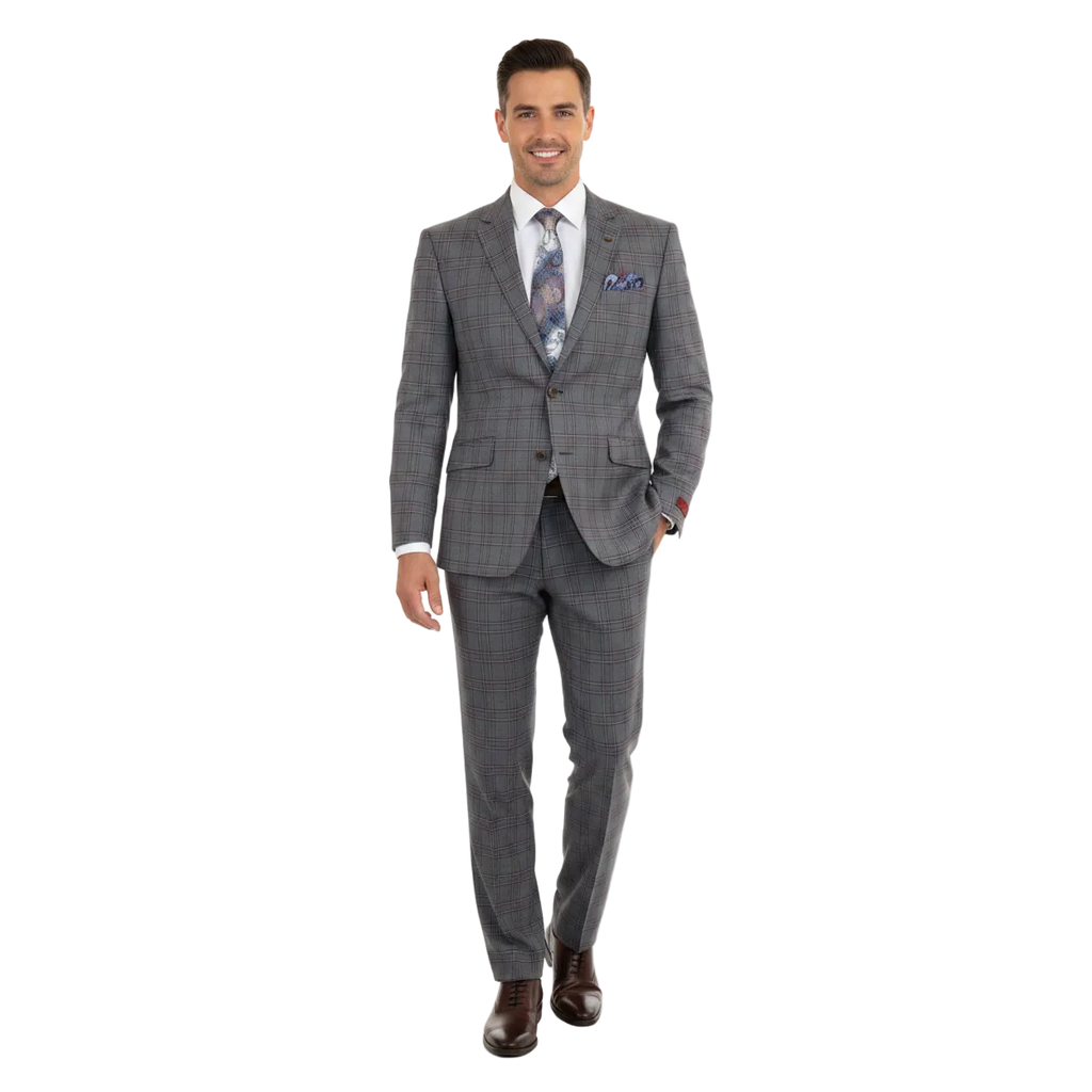 Mens Suit RENOIR English Plaid Window Pane Stretch Slim Comfort 293-7 Gray Brown