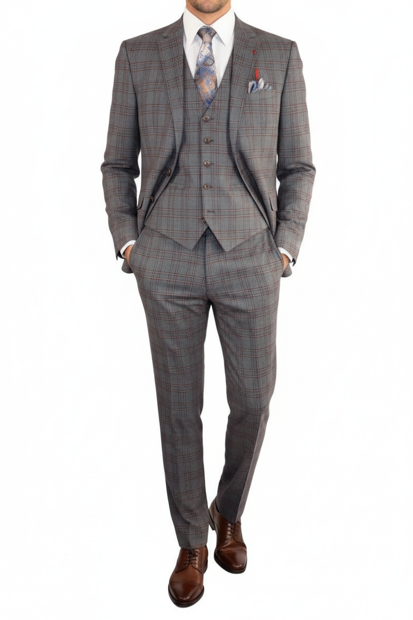 Mens Suit RENOIR English Plaid Window Pane Stretch Slim Comfort 293-7 Gray Brown