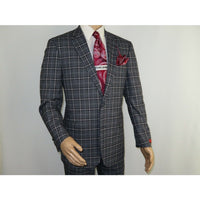 Mens Suit RENOIR English Plaid Window Pane Stretch Slim Fit Comfort 293 - 14 Gray - J.Valintin Men's Wear Legend - 19099