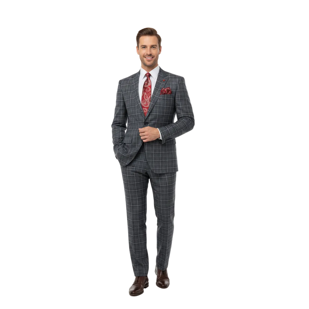 Mens Suit RENOIR English Plaid Window Pane Stretch Slim Fit Comfort 293-14 Gray