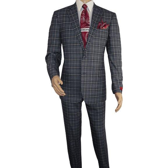 Mens Suit RENOIR English Plaid Window Pane Stretch Slim Fit Comfort 293 - 14 Gray - J.Valintin Men's Wear Legend - 19099