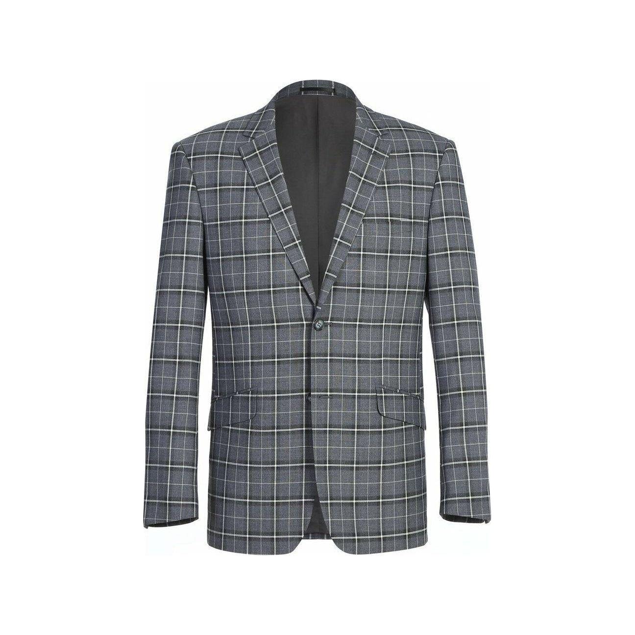 Mens Suit RENOIR English Plaid Window Pane Stretch Slim Fit Comfort 293 - 14 Gray - J.Valintin Men's Wear Legend - 19099
