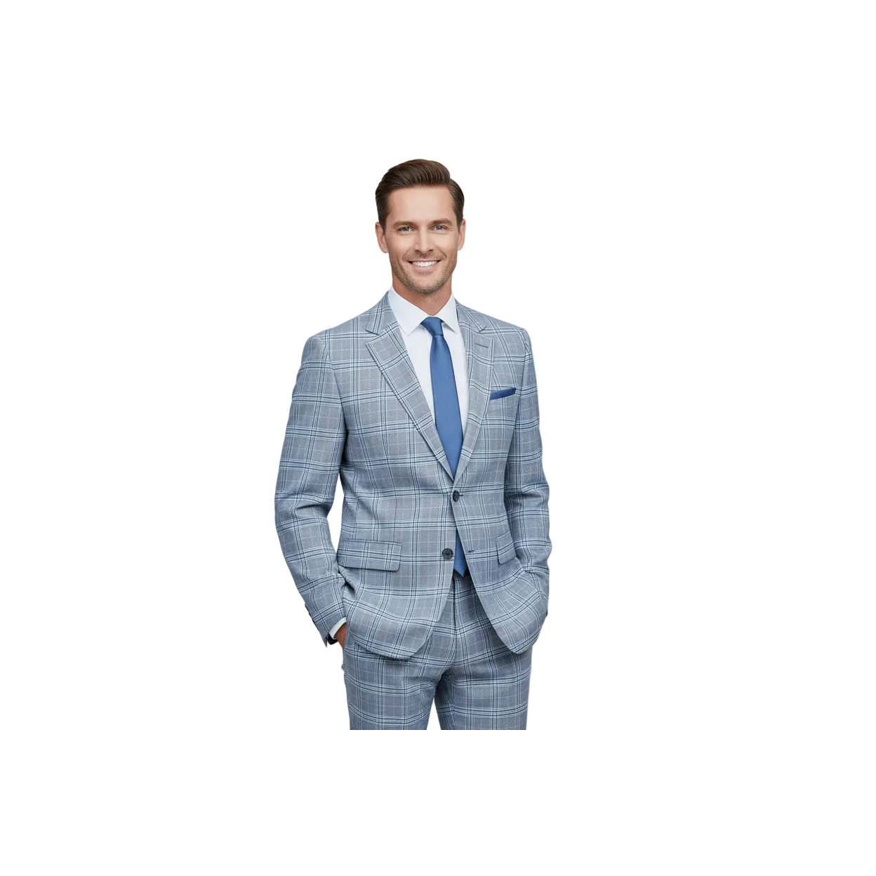 Mens Suit RENOIR English Plaid Window Pane Stretch Slim Fit Comfort 293-3 Blue