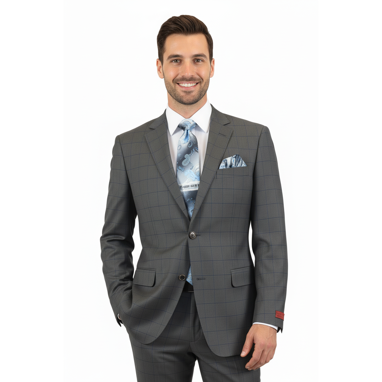 Mens Suit RENOIR English Window Pane Classic Fit Business 292-2 Gray Blue