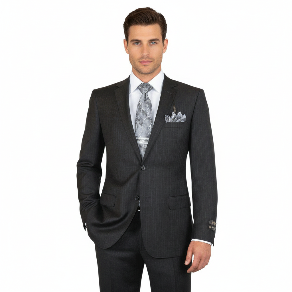 Men's Suit Wool Cashmere Georgio Cosani Two Buttons 910-04 Gray Pinstripe