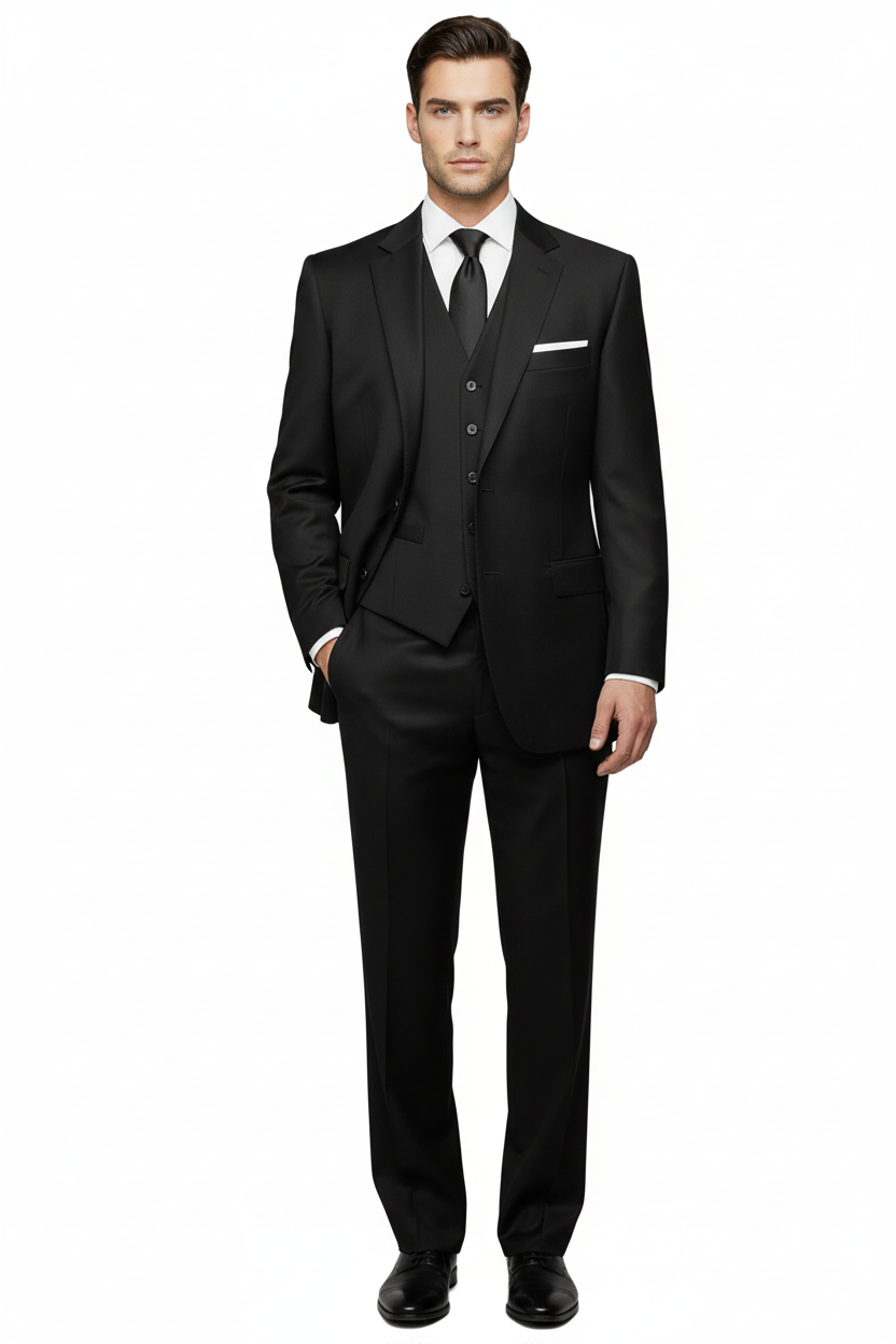 Mens Three Piece Suit Vested VITALI Soft Fabric With Sheen M3090 Black