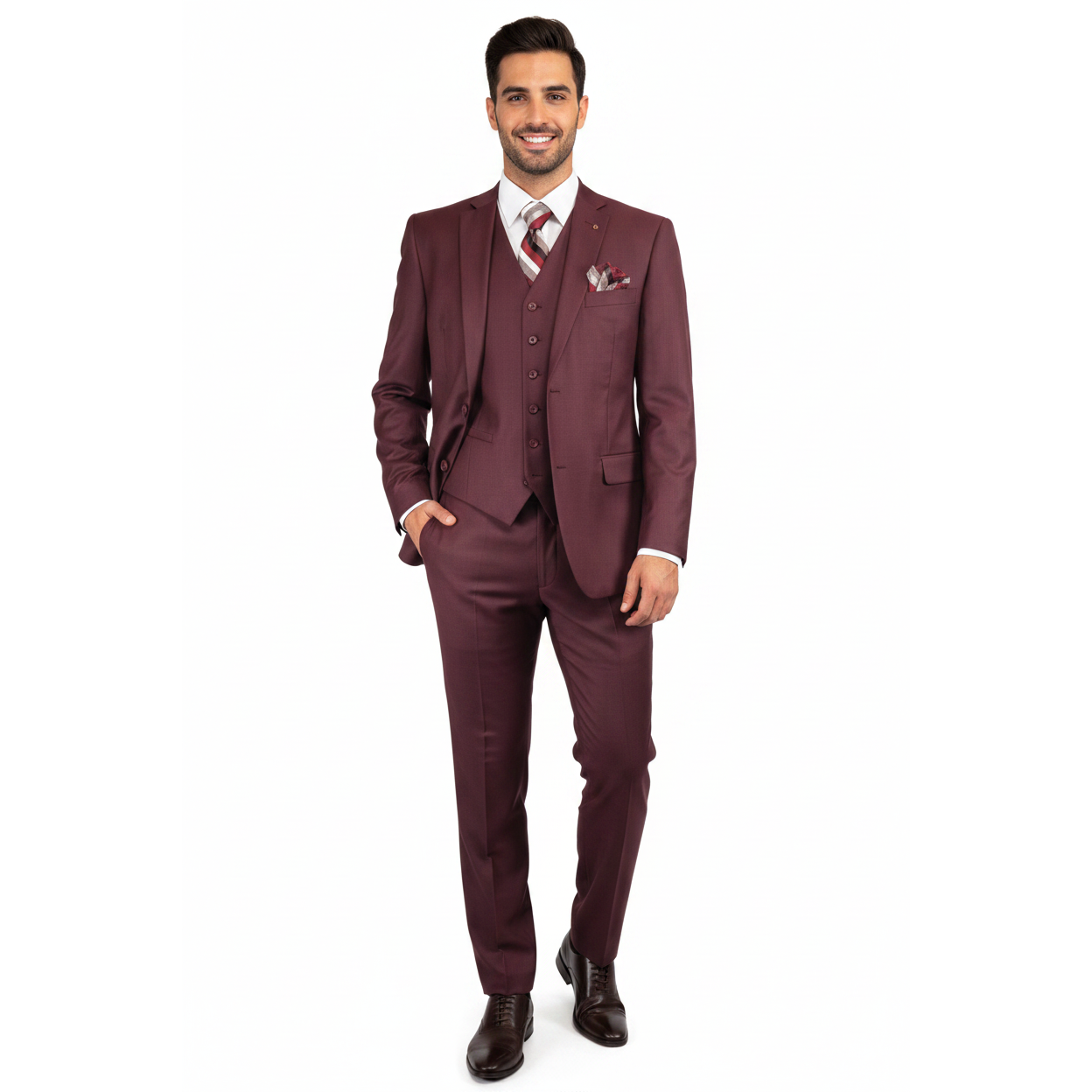 Mens Three Piece Suit Vested VITALI Soft Fabric With Sheen M3090 Burgundy 3Piece