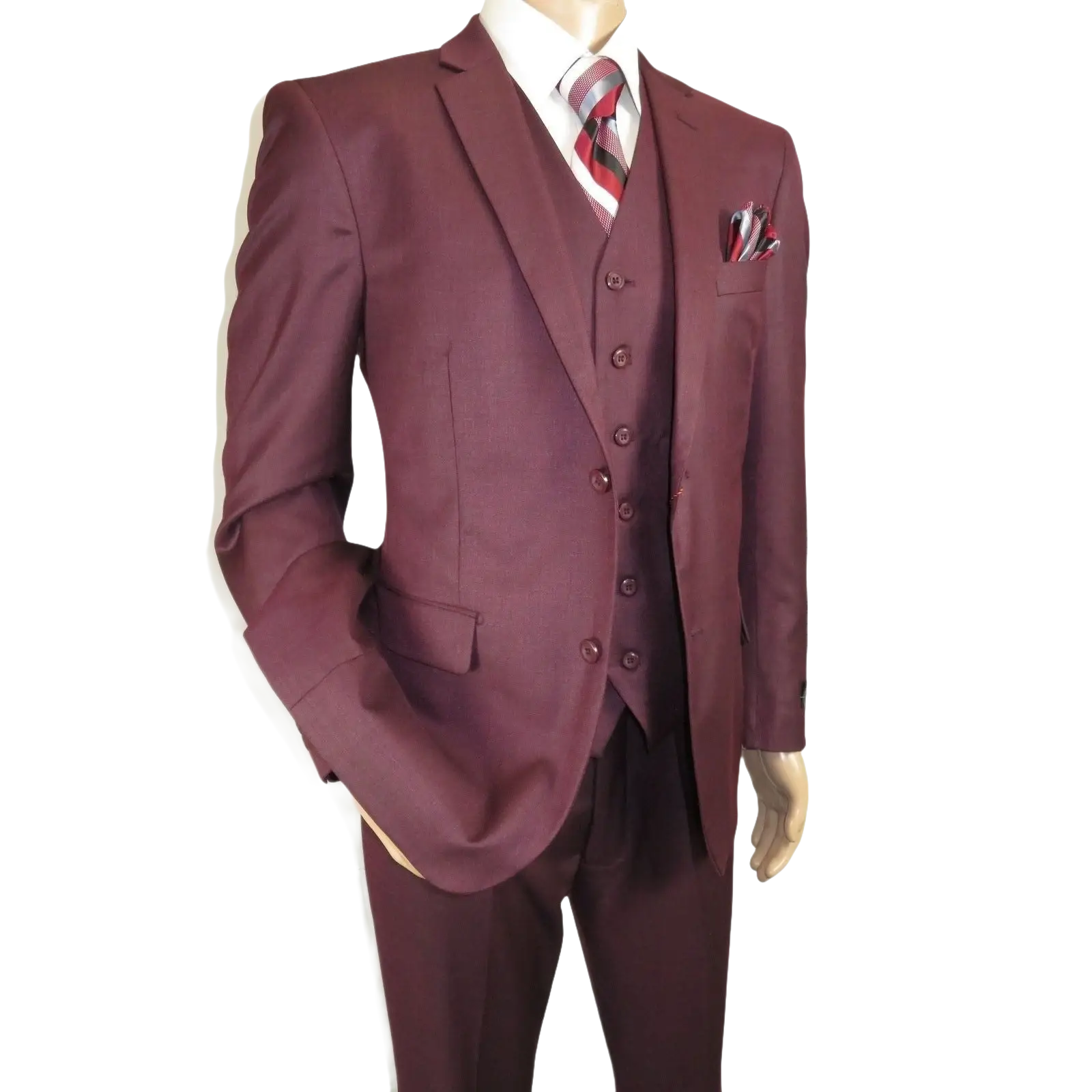 Mens Three Piece Suit Vested VITALI Soft Fabric With Sheen M3090 Burgundy 3Piece - J.Valintin Men's Wear Legend - 93633
