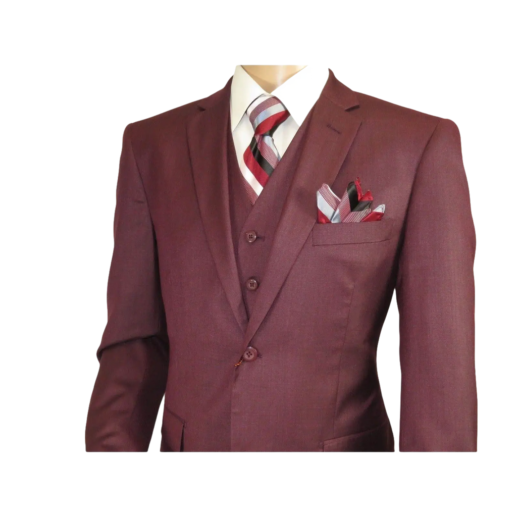 Mens Three Piece Suit Vested VITALI Soft Fabric With Sheen M3090 Burgundy 3Piece - J.Valintin Men's Wear Legend - 93633