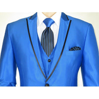 Mens Tuxedo Formal Suit ROYAL DIAMOND Slim Fit 3Pc Vested shiny Satin SL83 Blue - J.Valintin Men's Wear Legend - 8137