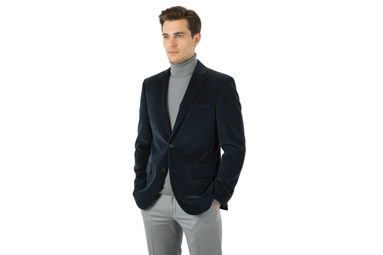 Men's Velvet Sports Coat Grammy Amy Award By BASSIRI , LEONARDI J1042 Navy Blue