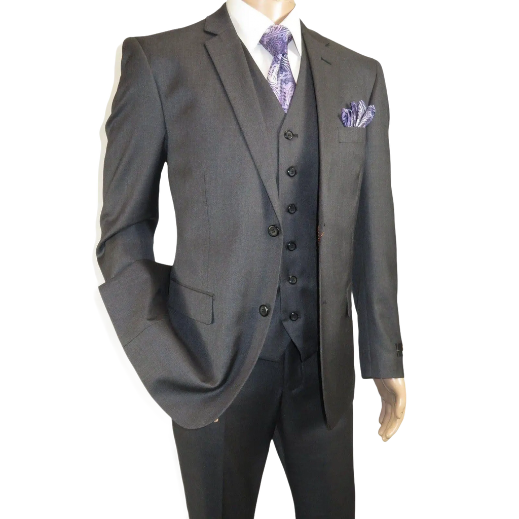 Mens Vitali Three Piece Suit Vested Semi Shiny Sharkskin M3090 Charcoal Gray - J.Valintin Men's Wear Legend - 73682