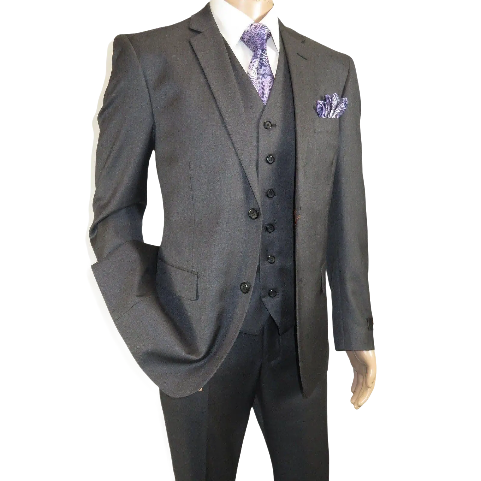 Mens Vitali Three Piece Suit Vested Semi Shiny Sharkskin M3090 Charcoal Gray - J.Valintin Men's Wear Legend - 73682