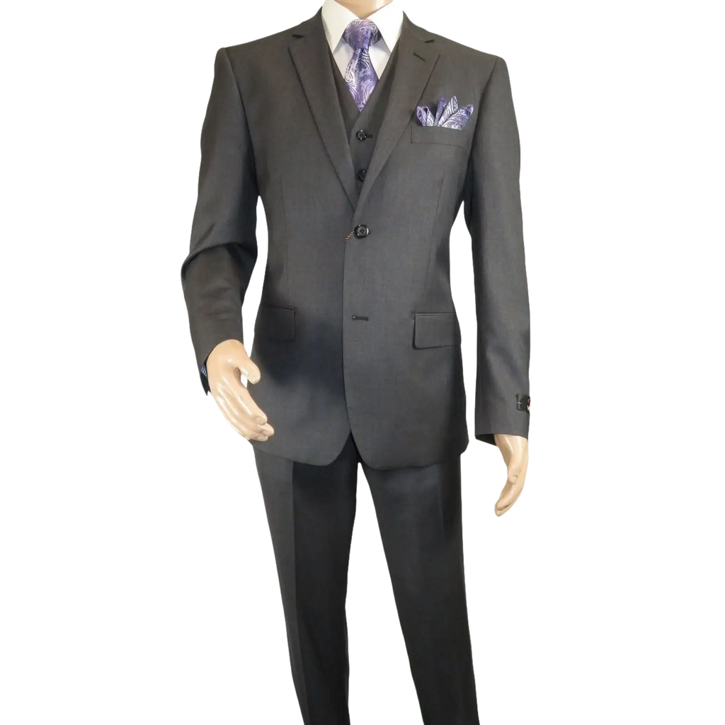 Mens Vitali Three Piece Suit Vested Semi Shiny Sharkskin M3090 Charcoal Gray - J.Valintin Men's Wear Legend - 73683