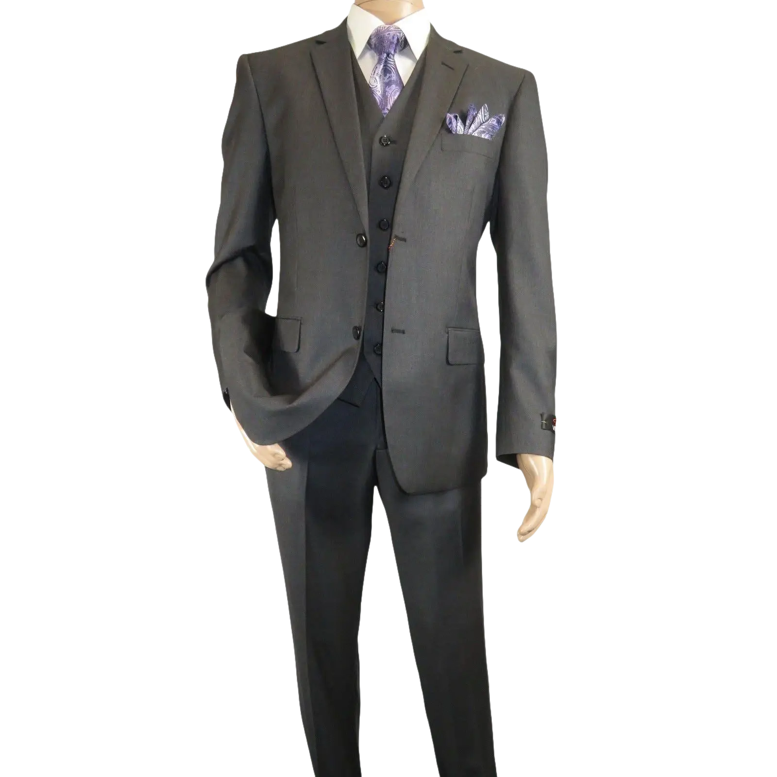 Mens Vitali Three Piece Suit Vested Semi Shiny Sharkskin M3090 Charcoal Gray - J.Valintin Men's Wear Legend - 73683