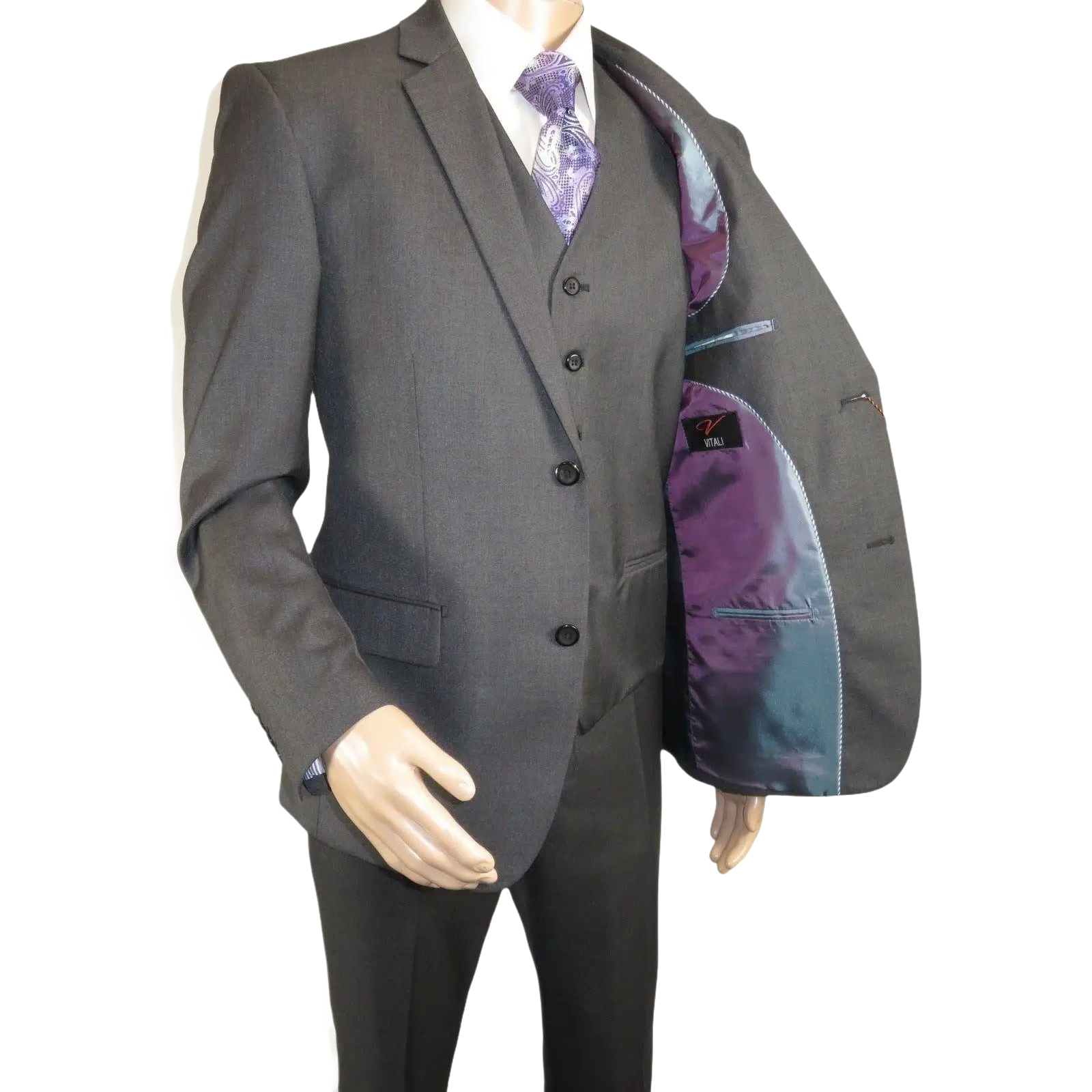 Mens Vitali Three Piece Suit Vested Semi Shiny Sharkskin M3090 Charcoal Gray - J.Valintin Men's Wear Legend - 73683
