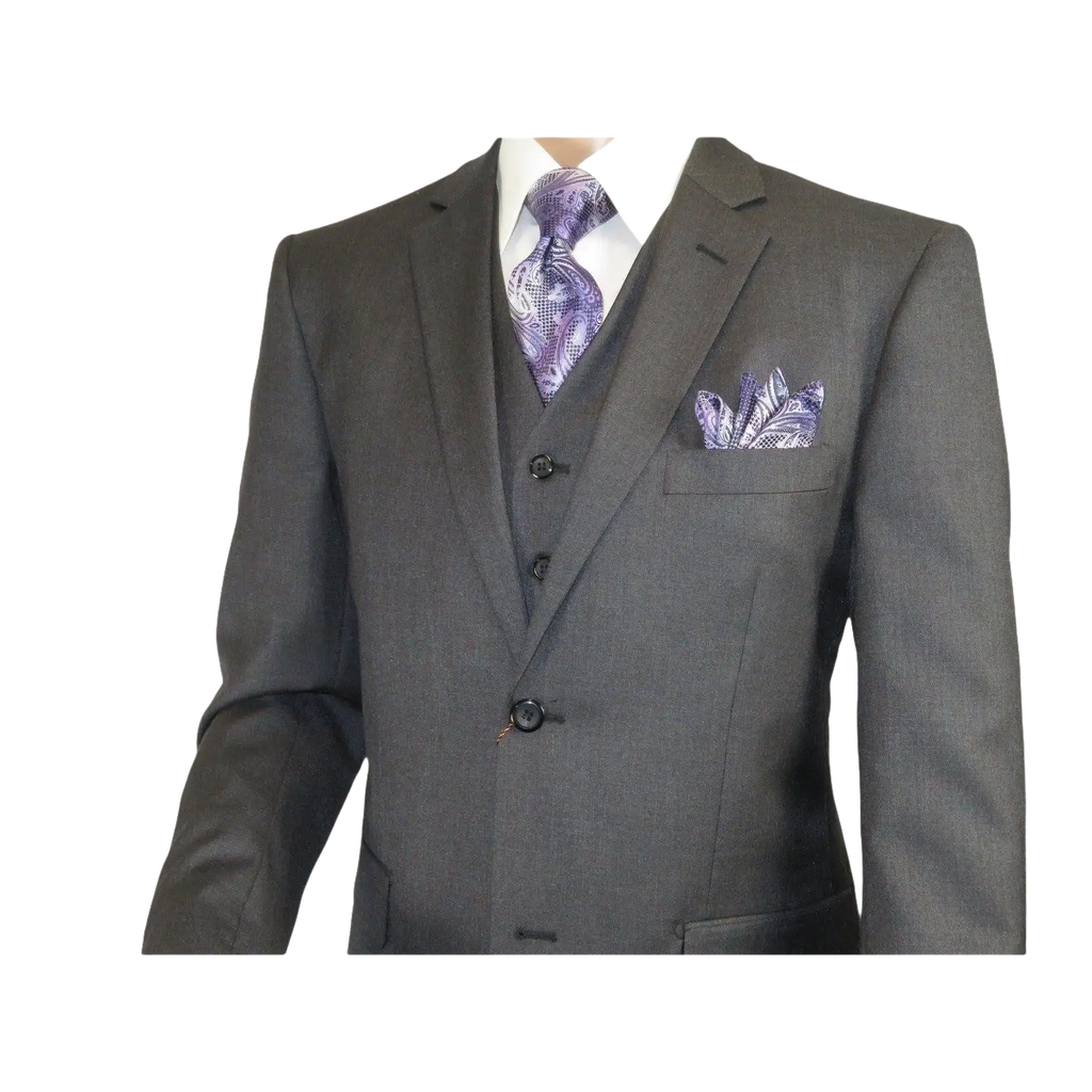 Mens Vitali Three Piece Suit Vested Semi Shiny Sharkskin M3090 Charcoal Gray - J.Valintin Men's Wear Legend - 73683