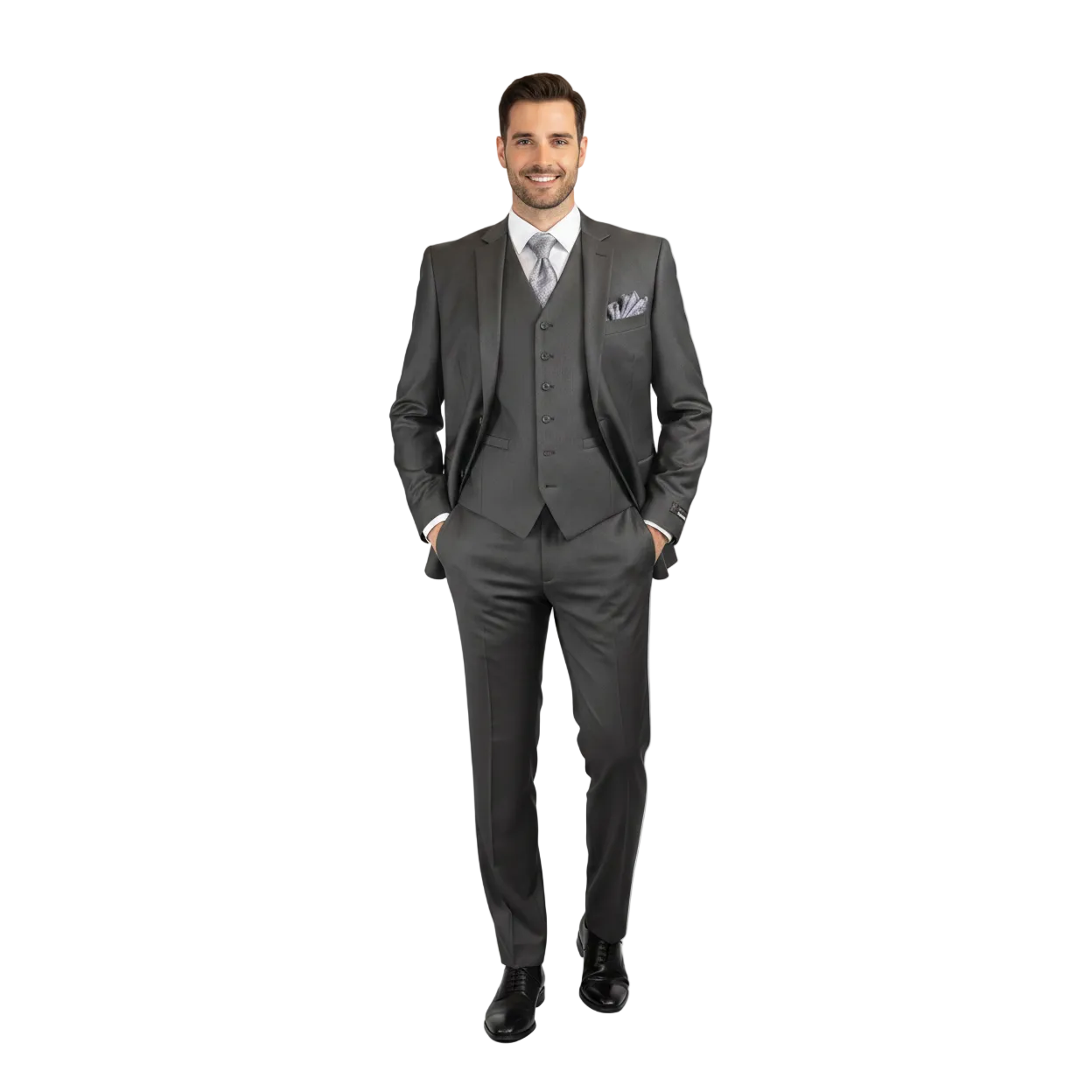 Mens Vitali Three Piece Suit Vested Semi Shiny Sharkskin M3090 Charcoal Gray