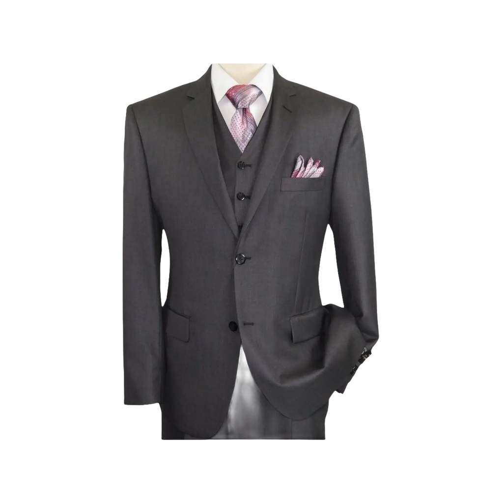 Mens Vitali Three Piece Suit Vested Semi Shiny Sharkskin M3090 Charcoal Gray - J.Valintin Men's Wear Legend - 73683