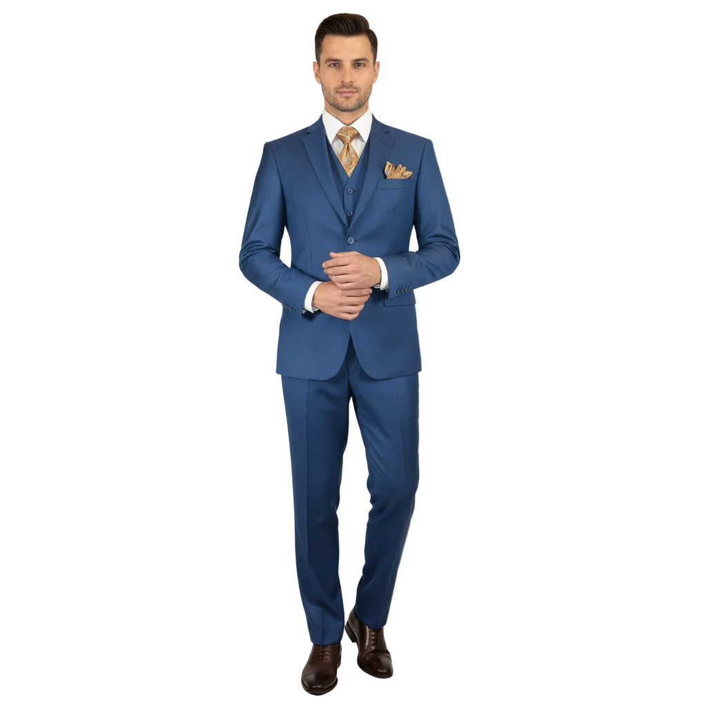 Mens Vitali Three Piece Suit Vested Sharkskin Sheen M3090 Royal blue Regular fit