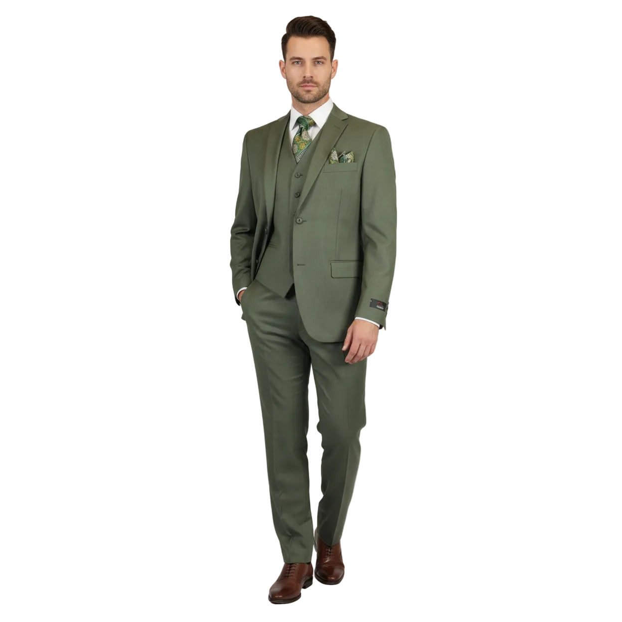 Men's VITALI Three Piece Suit Vested Sharkskin Sheen Vented M3090 Olive Green