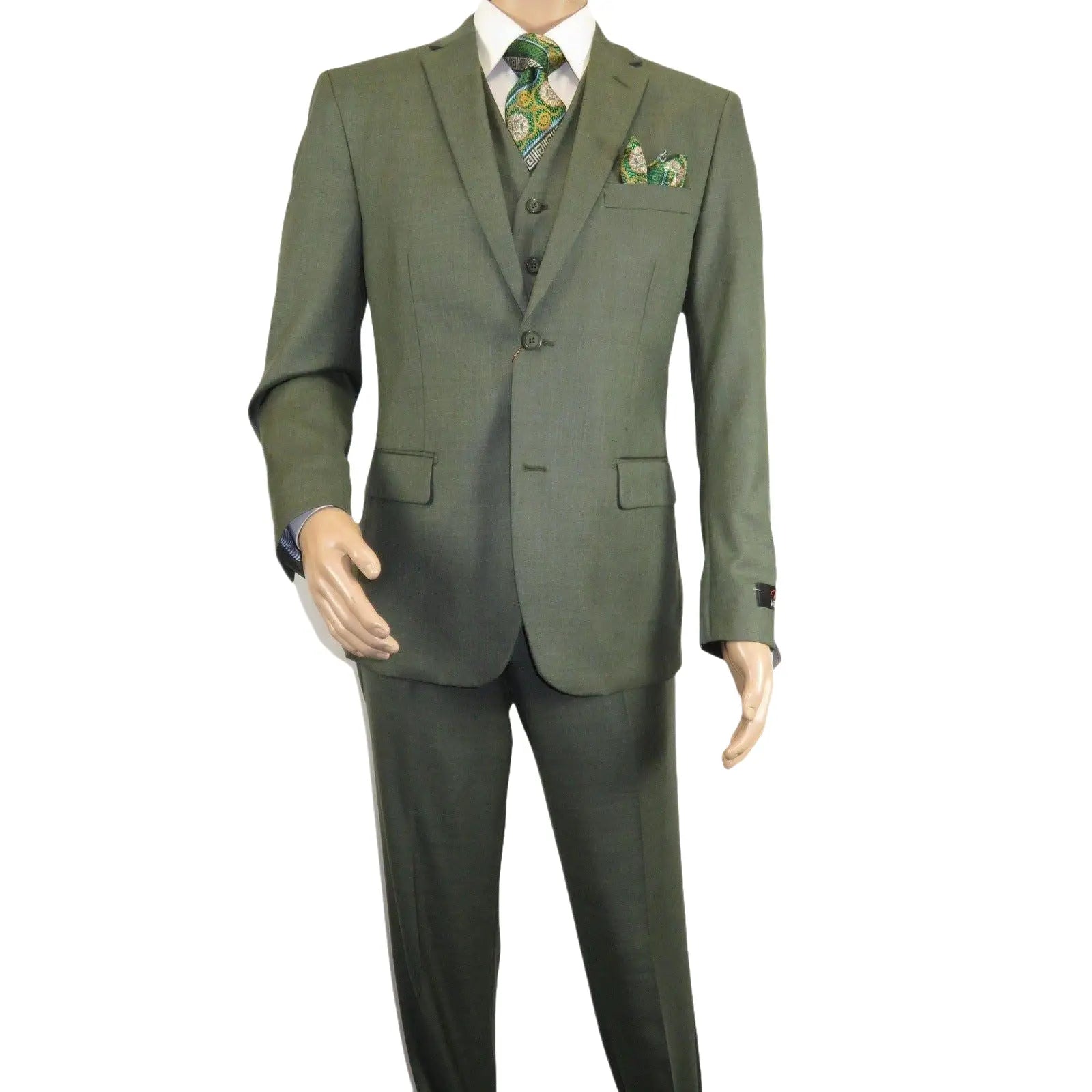 Men's VITALI Three Piece Suit Vested Sharkskin Sheen Vented M3090 Olive Green - J.Valintin Men's Wear Legend - 31913
