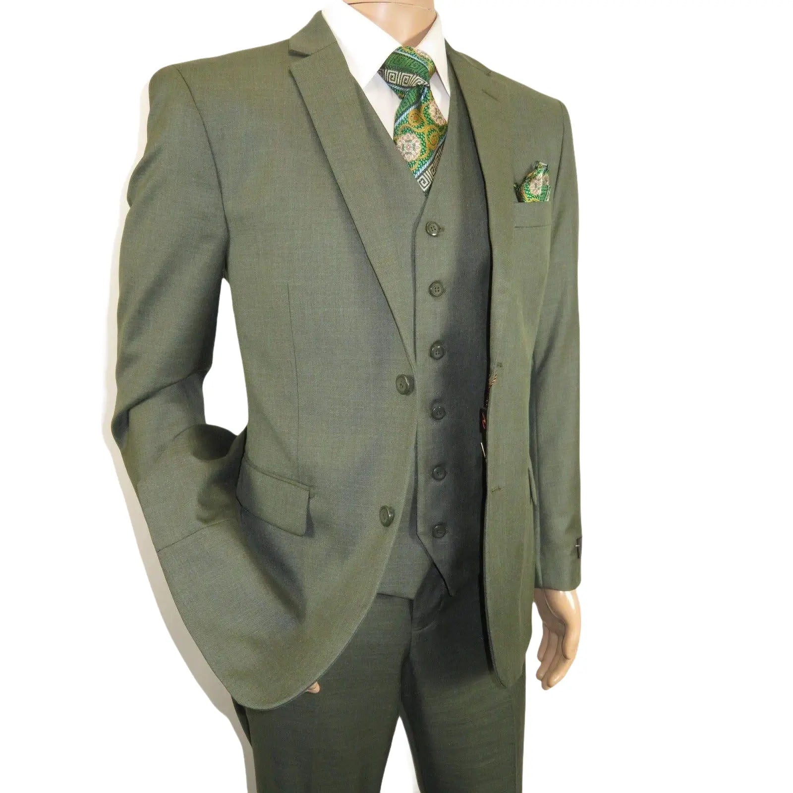 Men's VITALI Three Piece Suit Vested Sharkskin Sheen Vented M3090 Olive Green - J.Valintin Men's Wear Legend - 31913