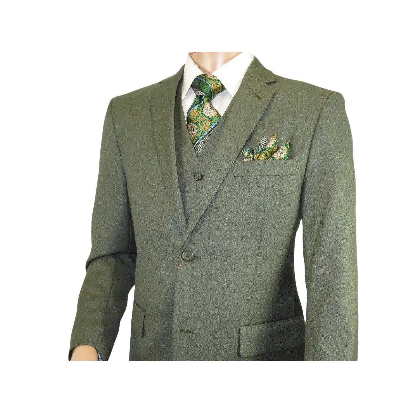 Men's VITALI Three Piece Suit Vested Sharkskin Sheen Vented M3090 Olive Green - J.Valintin Men's Wear Legend - 31913