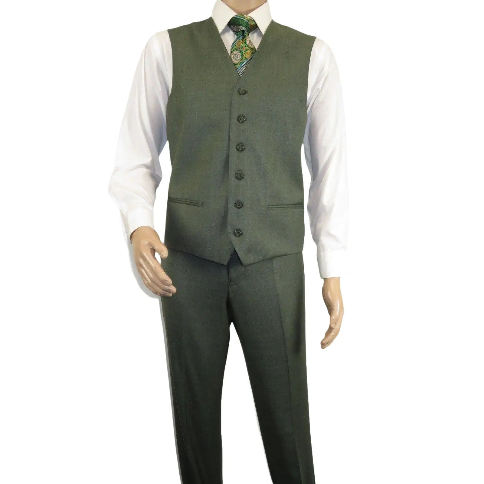 Men's VITALI Three Piece Suit Vested Sharkskin Sheen Vented M3090 Olive Green - J.Valintin Men's Wear Legend - 31913