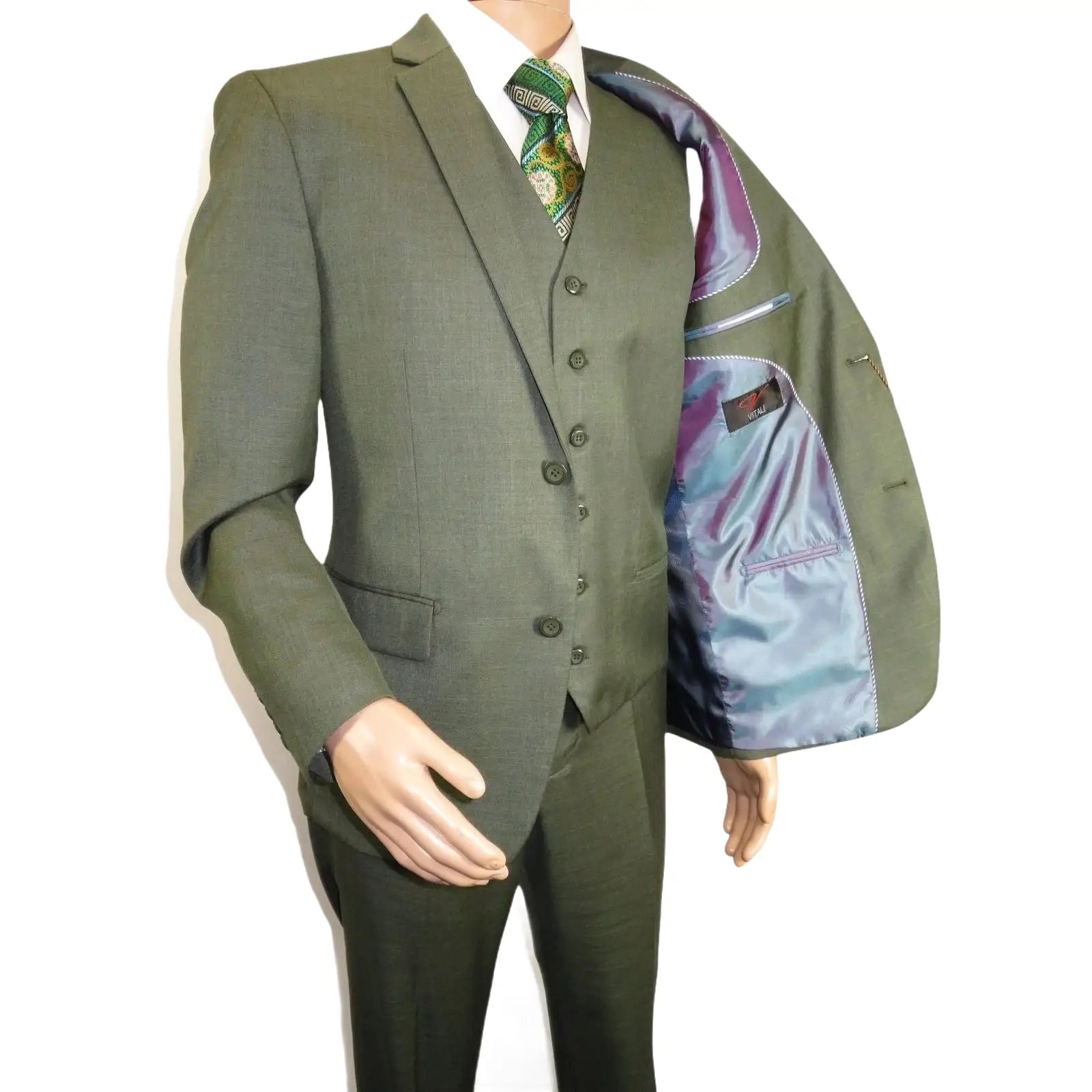 Men's VITALI Three Piece Suit Vested Sharkskin Sheen Vented M3090 Olive Green - J.Valintin Men's Wear Legend - 31913