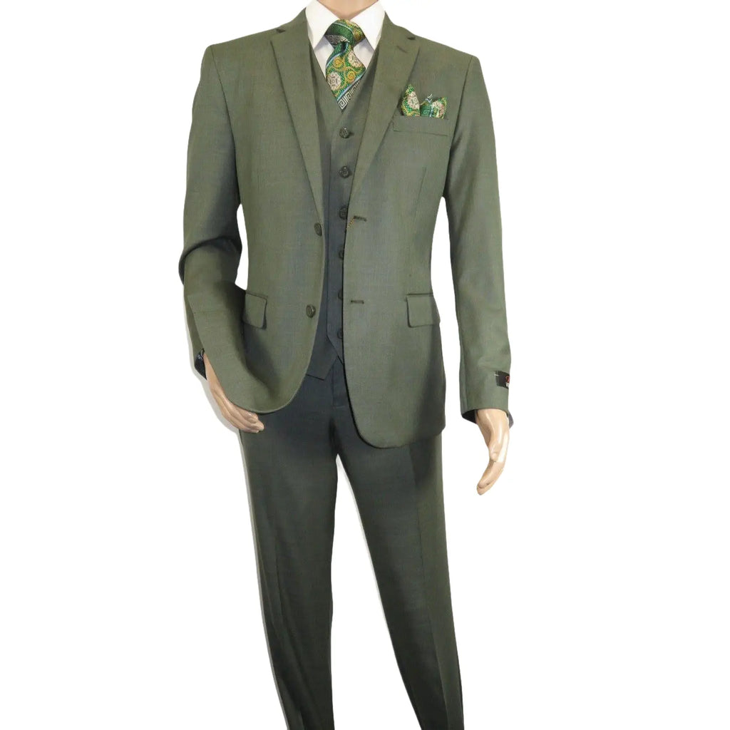 Men's VITALI Three Piece Suit Vested Sharkskin Sheen Vented M3090 Olive Green - J.Valintin Men's Wear Legend - 31913