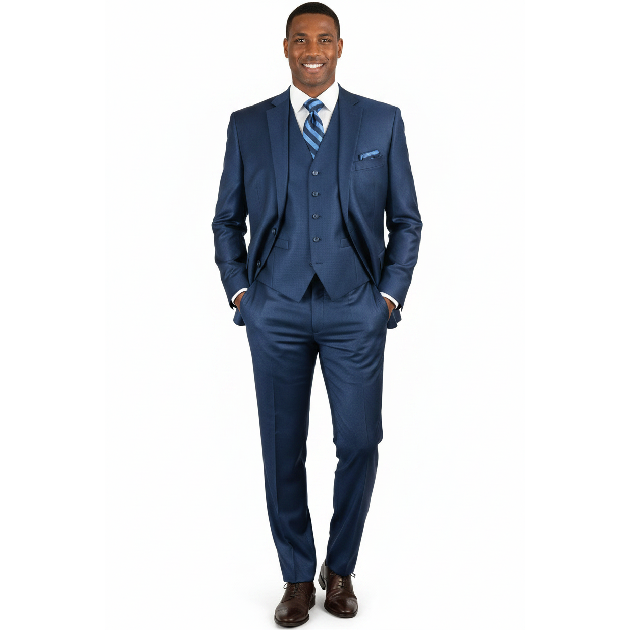 Mens Vitali Three Piece Suit Vested Sheen Sharkskin Business M3090 Ink blue