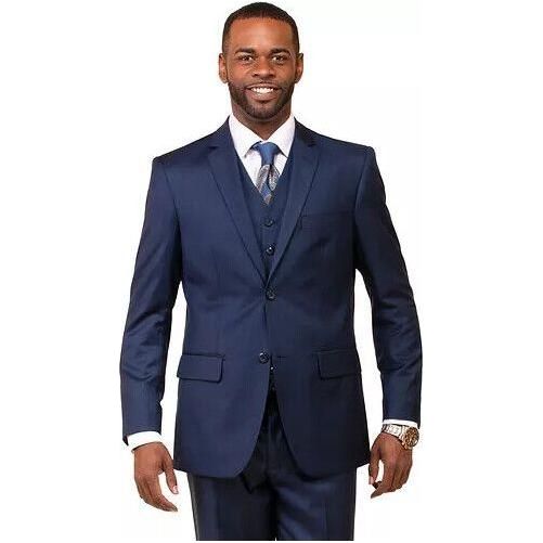 Mens Vitali Three Piece Suit Vested Sheen Sharkskin Business M3090 Ink blue - J.Valintin Men's Wear Legend - 93579