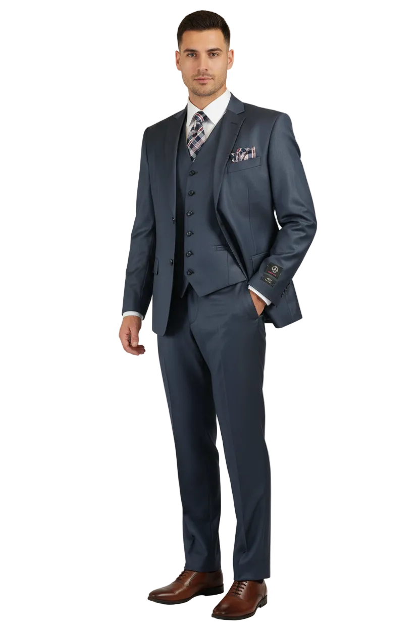Mens Vitali Three Piece Suit Vested Sheen Sharkskin Business M3090 Navy blue
