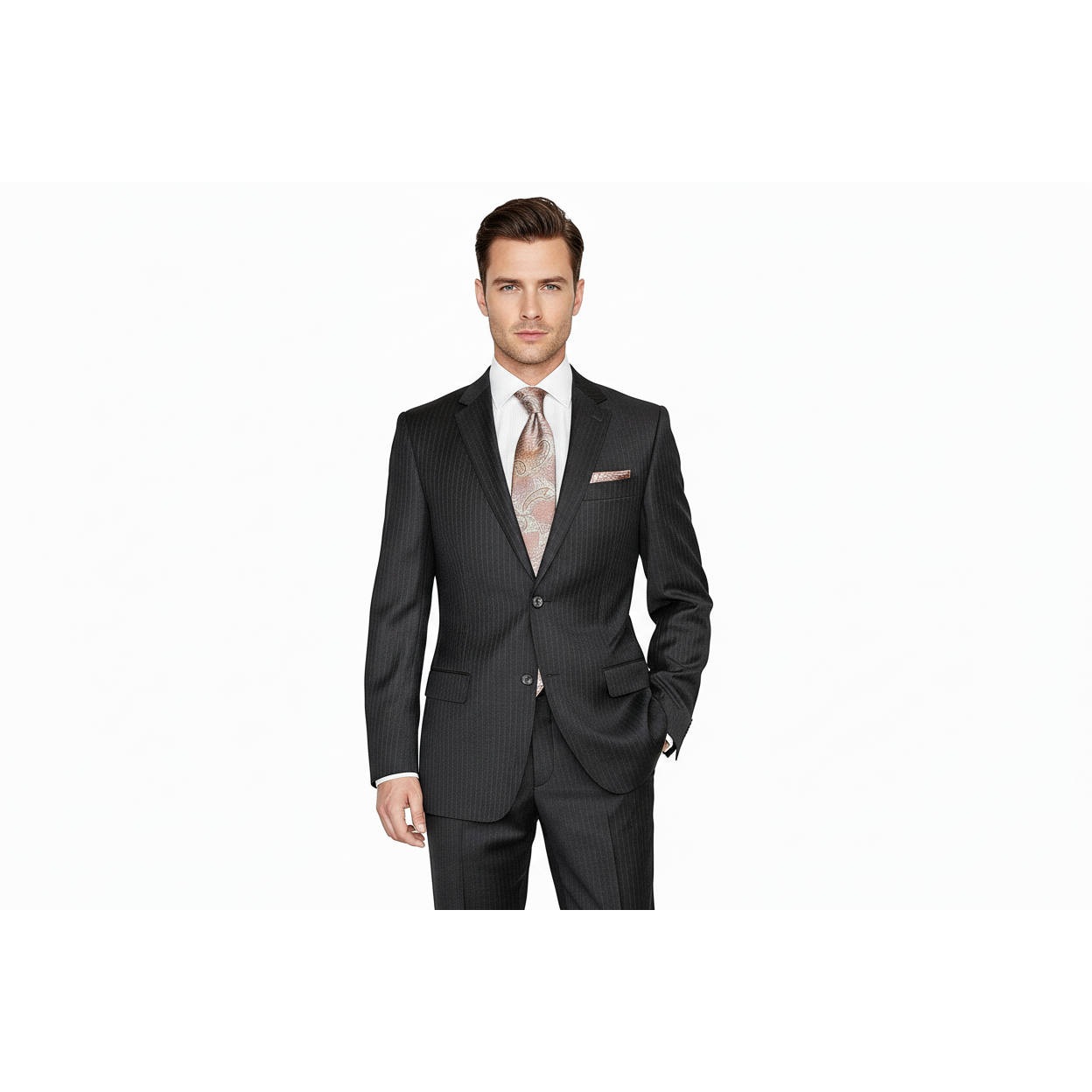 Mens Wool Cashmere Black Stripe Business Suit Giorgio Cosani Two Button 910