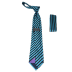 Men's Woven Tie Hankie Set J.Valintin Private Collection R24 Teal Stripe - J.Valintin Men's Wear Legend - 80196