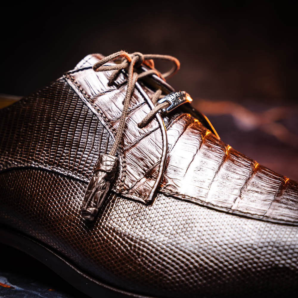 Merida Caiman and Lizard Dress Derby's Shoes Tasseled Laceup  Brown