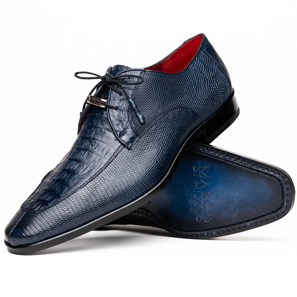 Merida Caiman and Lizard Dress Derby's Tasseled Laces Shoes Navy