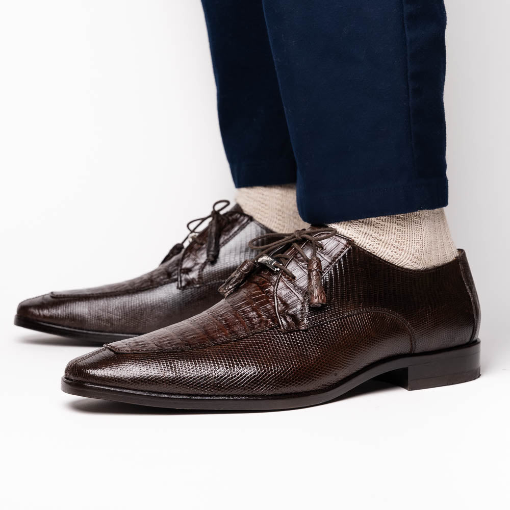 Merida Caiman and Lizard Dress Derby's Shoes Tasseled Laceup  Brown