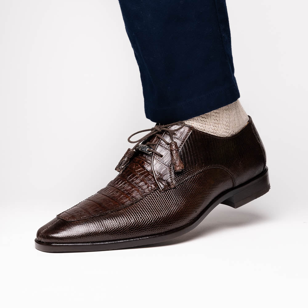 Merida Caiman and Lizard Dress Derby's Shoes Tasseled Laceup  Brown