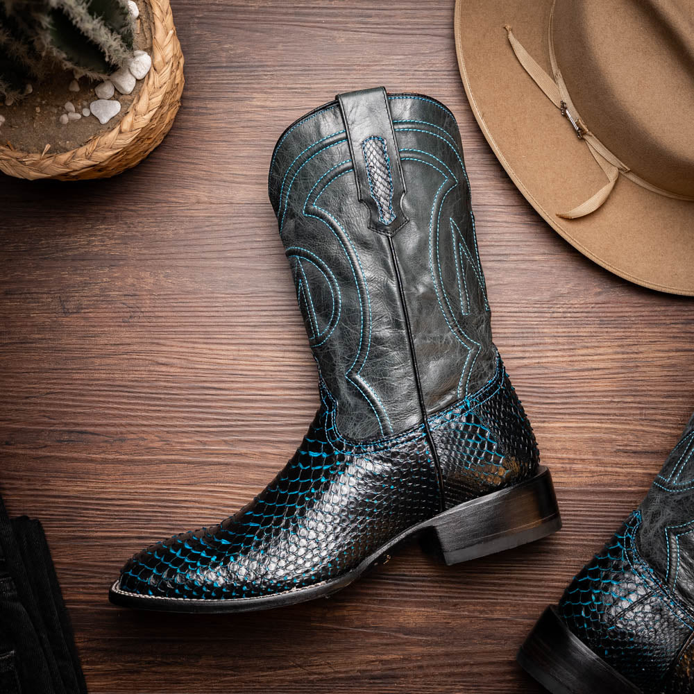 Marco Di Milano Genuine Python Skin Cowboy Boot Missouri Black / Blue
