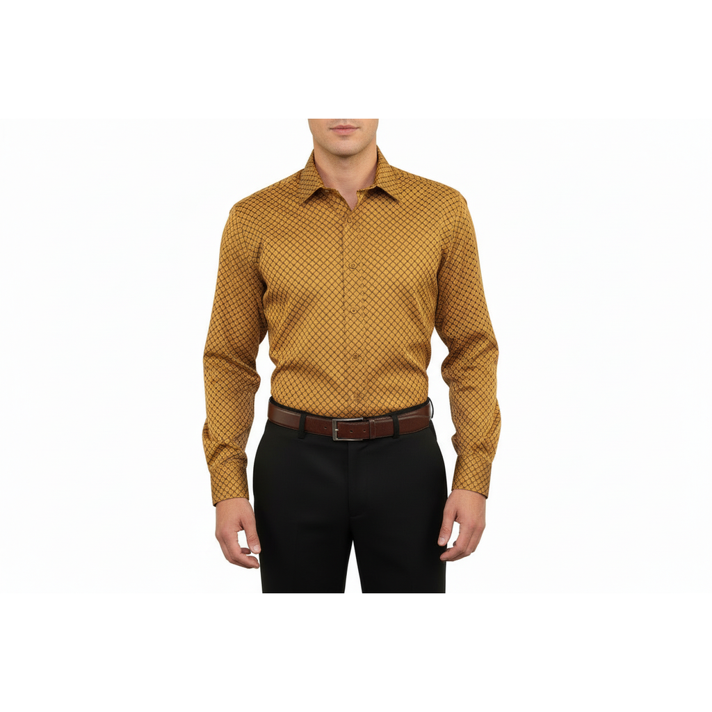 Men's Sports Shirt By Moderno Checker Fancy Long Sleeves MJLS-890 Gold