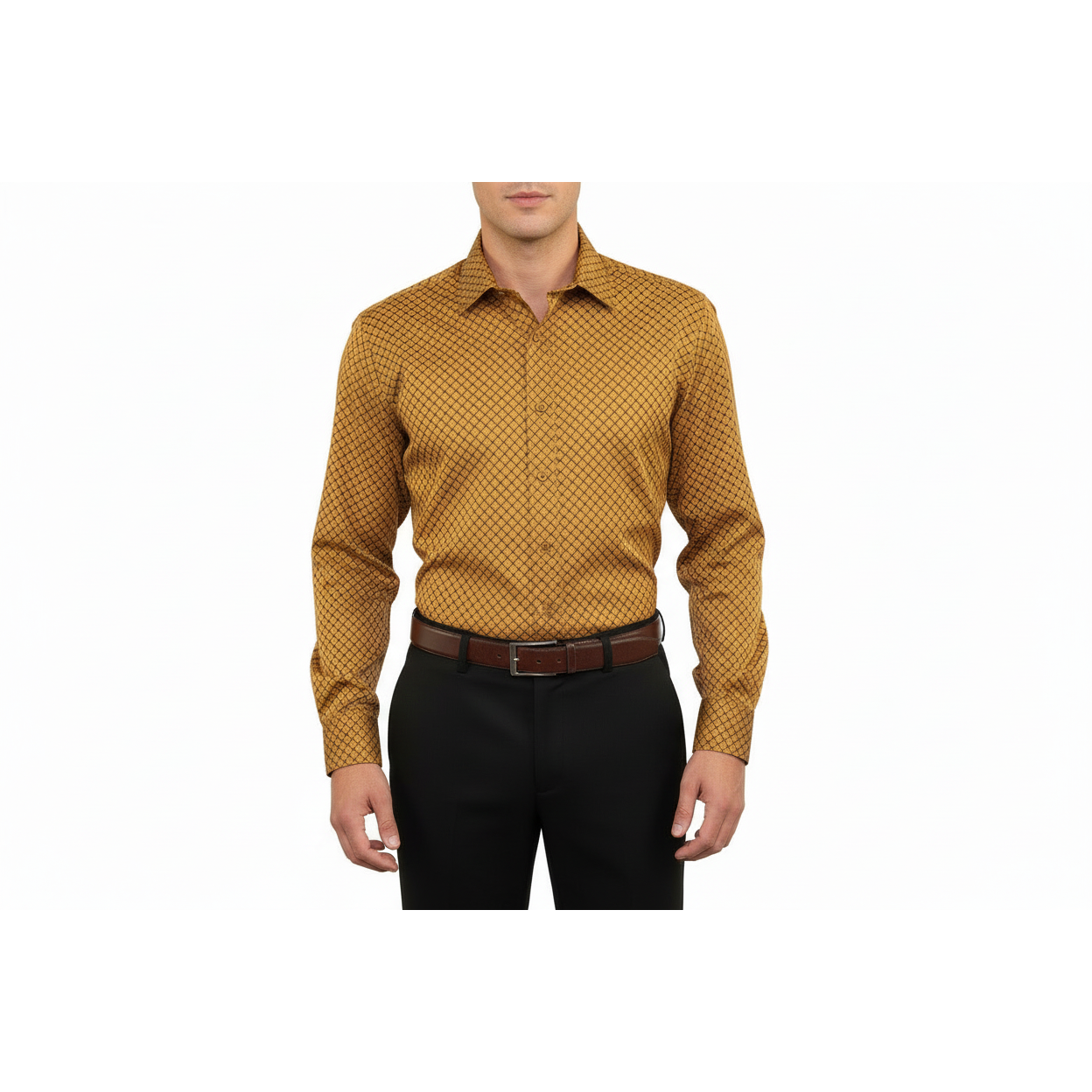 Men's Sports Shirt By Moderno Checker Fancy Long Sleeves MJLS-890 Gold