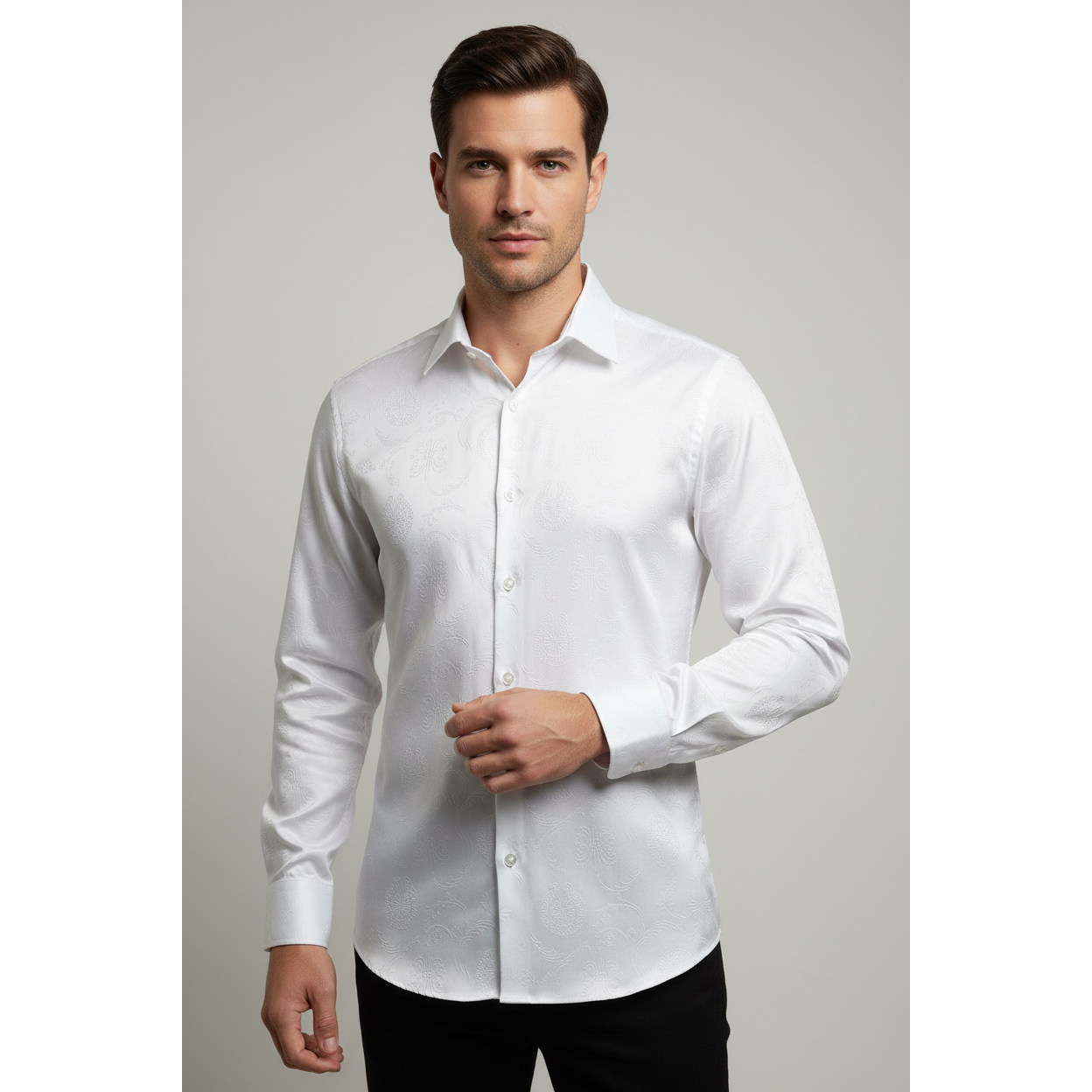 Men's Sports Shirt By Moderno Fancy Silky Satin Long Sleeves MJLS-143 White