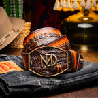 MONTANA Caiman &amp; Calfskin Western Belt with Hand-Stitched Center Detail Brown