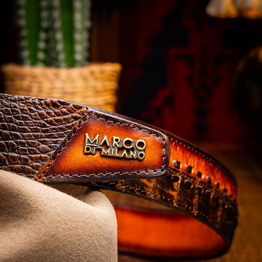 MONTANA Caiman &amp; Calfskin Western Belt with Hand-Stitched Center Detail Brown