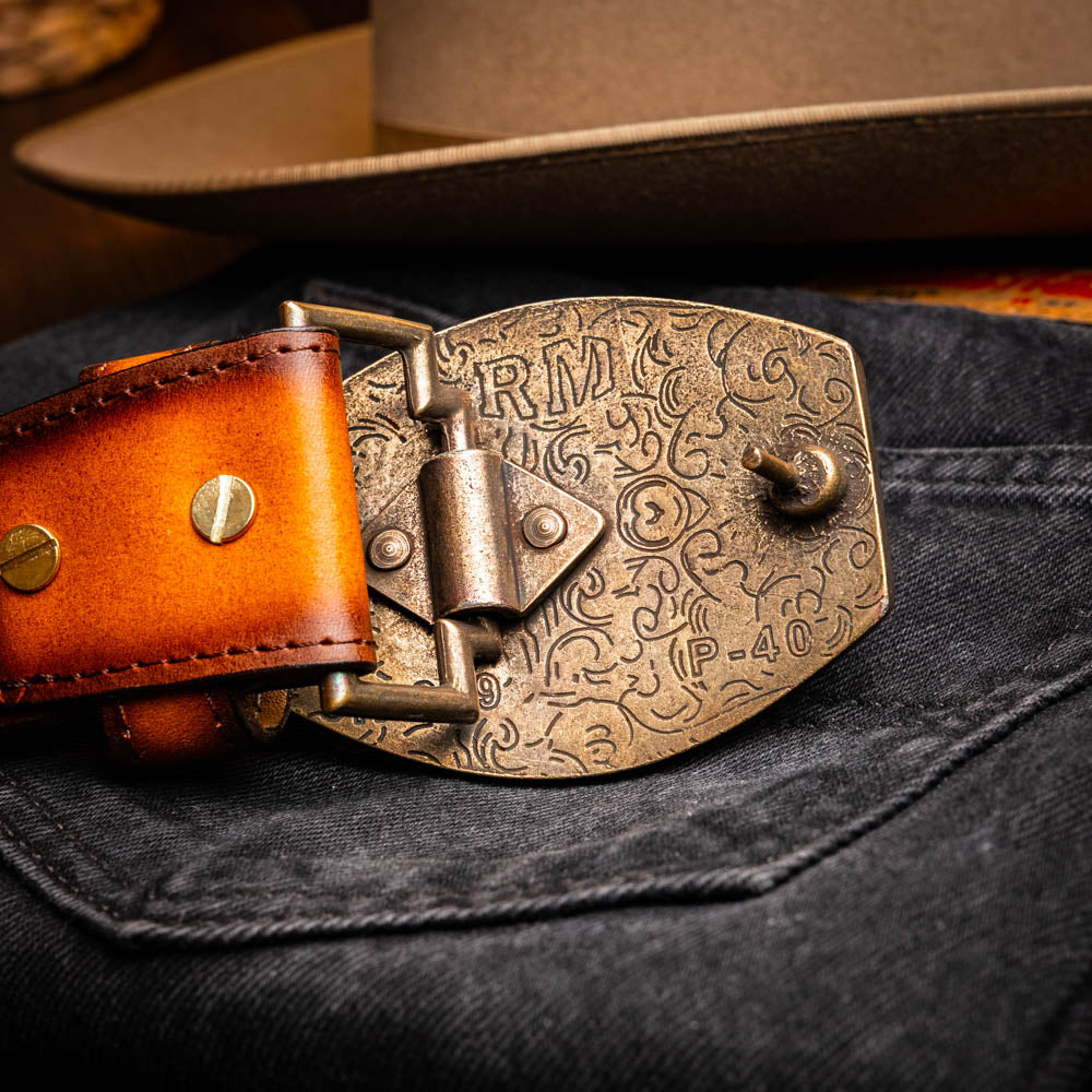 MONTANA Caiman &amp; Calfskin Western Belt with Hand-Stitched Center Detail Brown