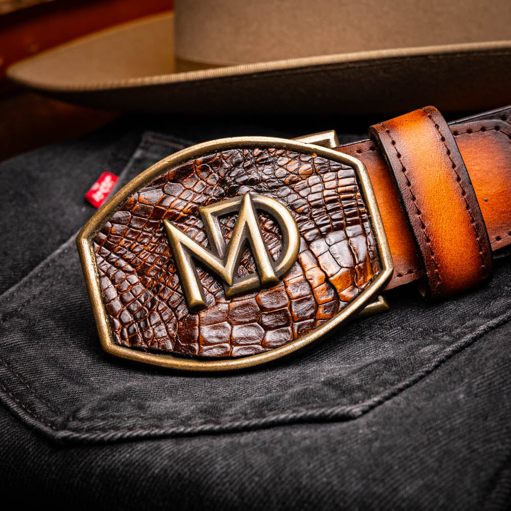 MONTANA Caiman &amp; Calfskin Western Belt with Hand-Stitched Center Detail Brown