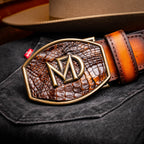 MONTANA Caiman &amp; Calfskin Western Belt with Hand-Stitched Center Detail Brown