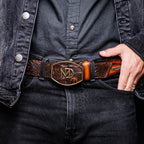 MONTANA Caiman &amp; Calfskin Western Belt with Hand-Stitched Center Detail Brown
